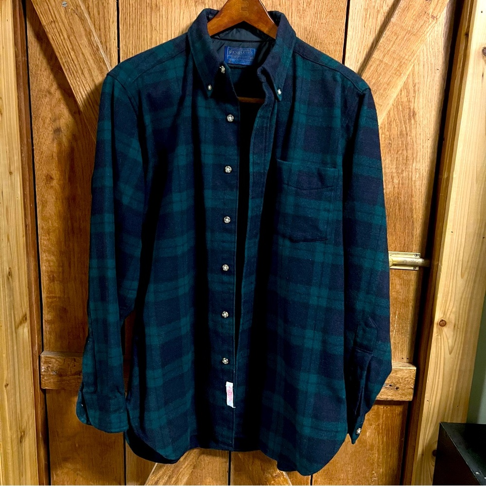 🪓PENDLETON - 100% Wool BLACKWATCH Plaid Button Down Shirt MADE IN USA - Size M